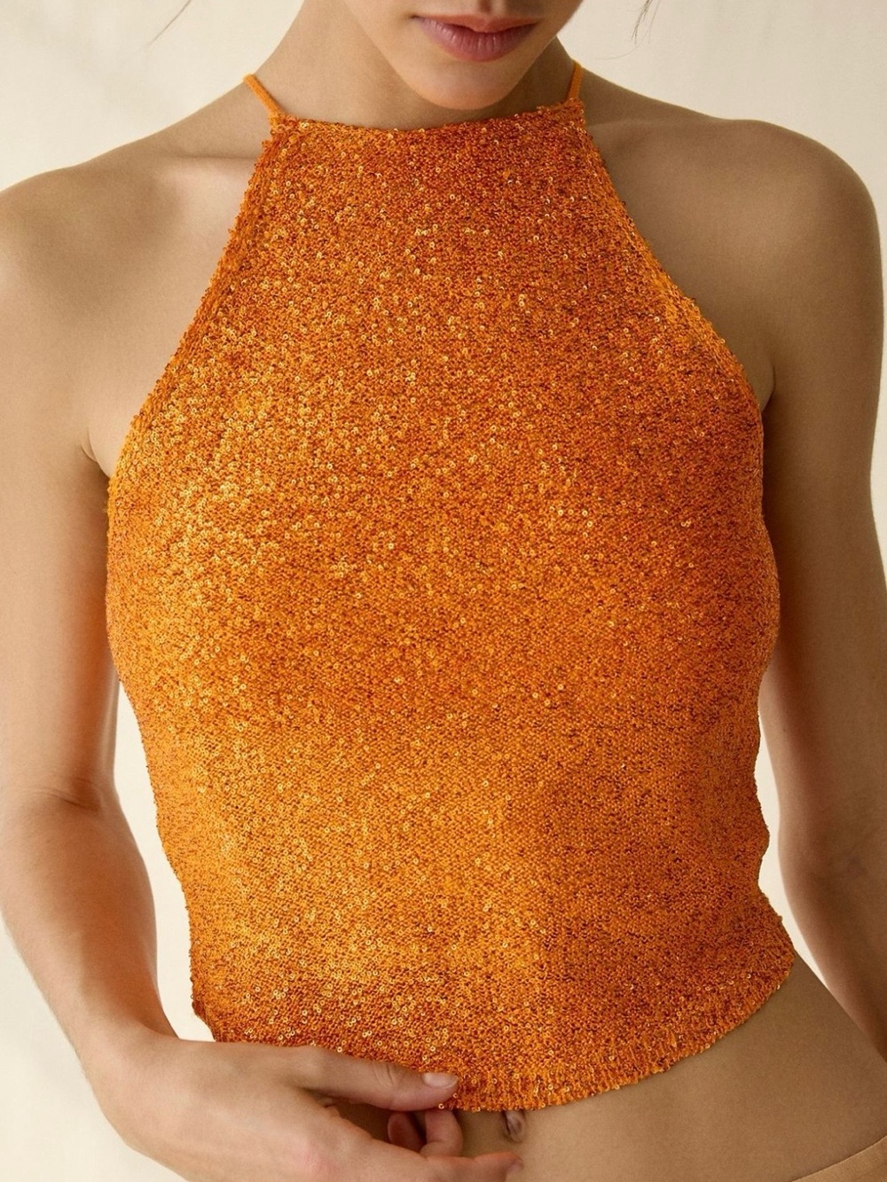 NWT Kimchi Blue Seashore Shimmer Knit Halter Neck Top Style 108534918 Orange S M - Picture 3 of 8